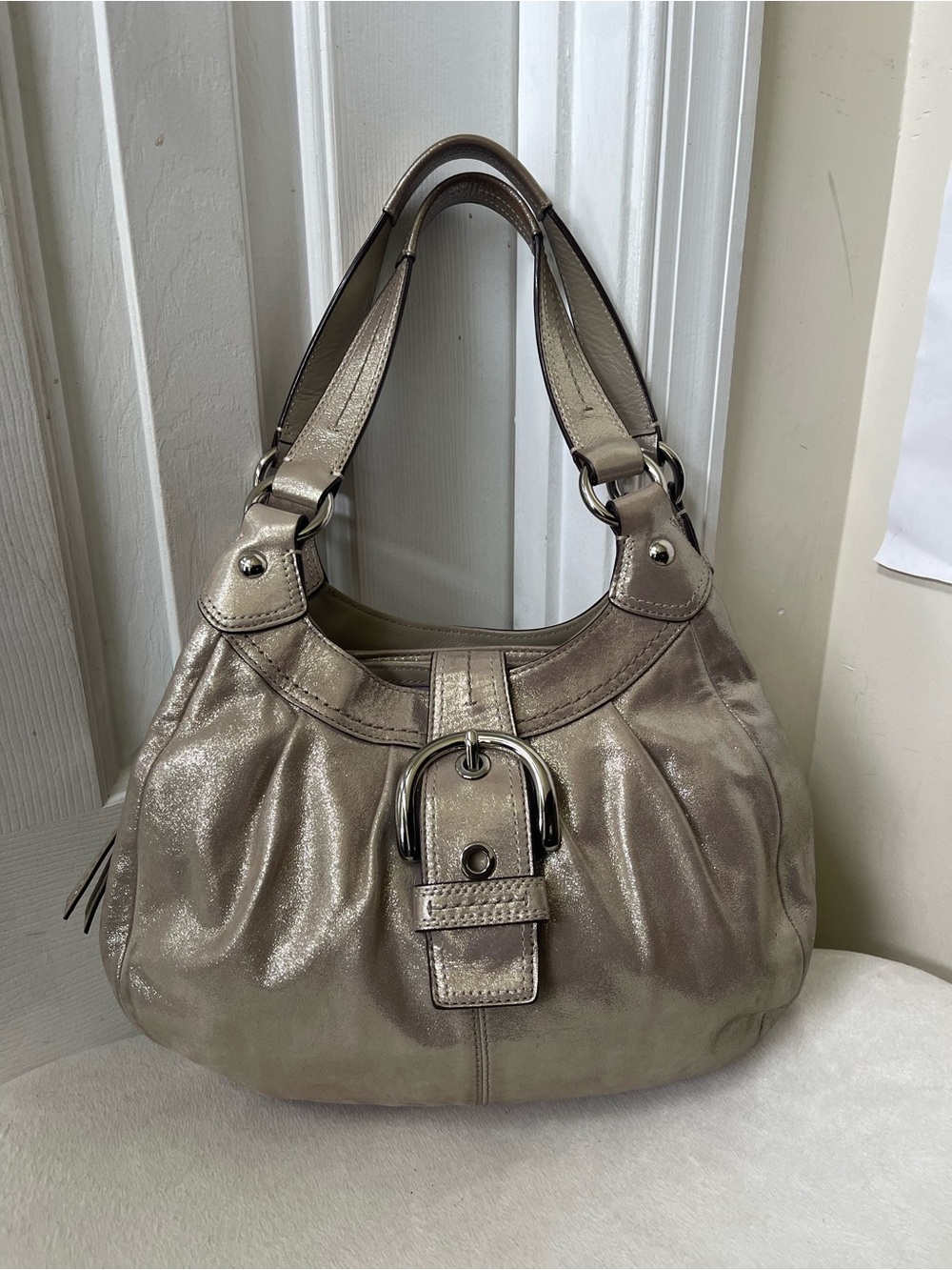 Coach Soho Metallic Taupe Shoulder Bag with Buckle Detail